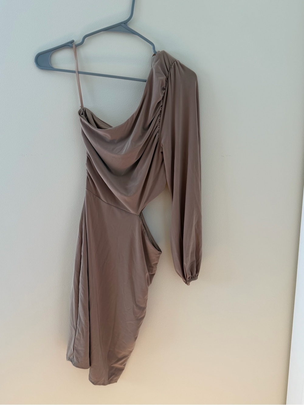 One-Shoulder Draped Midi Dress in Taupe